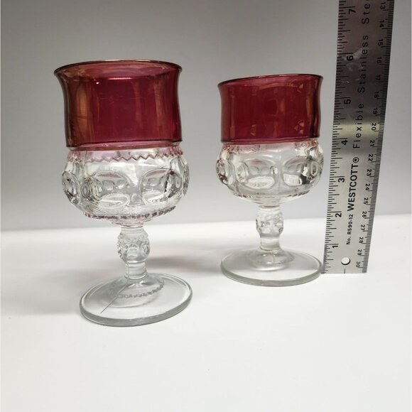 Tiffin Franciscan Cranberry Thumbprint King's Crown Vintage Glass Goblets Set - Picture 7 of 9